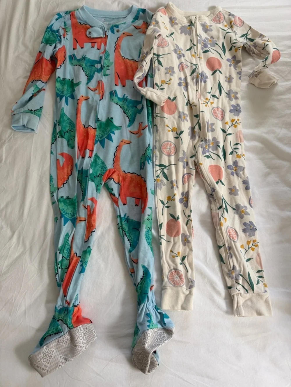 Carter's Light Blue Dinosaur & Cream Floral Footed One-Pieces (2-Pack Look)